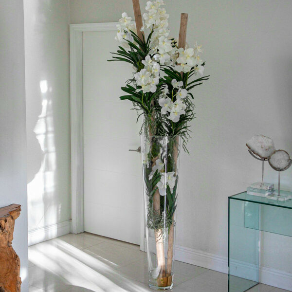 Weiße Vanda-Orchideen mit Treibholzstücken