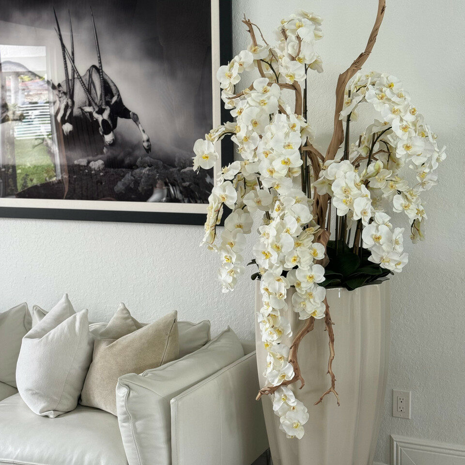 Orchidées blanches en arrangement en cascade.