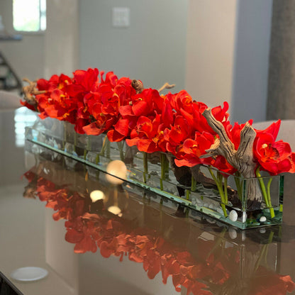Vase de maison moderne en verre avec Cymbidiums rouges